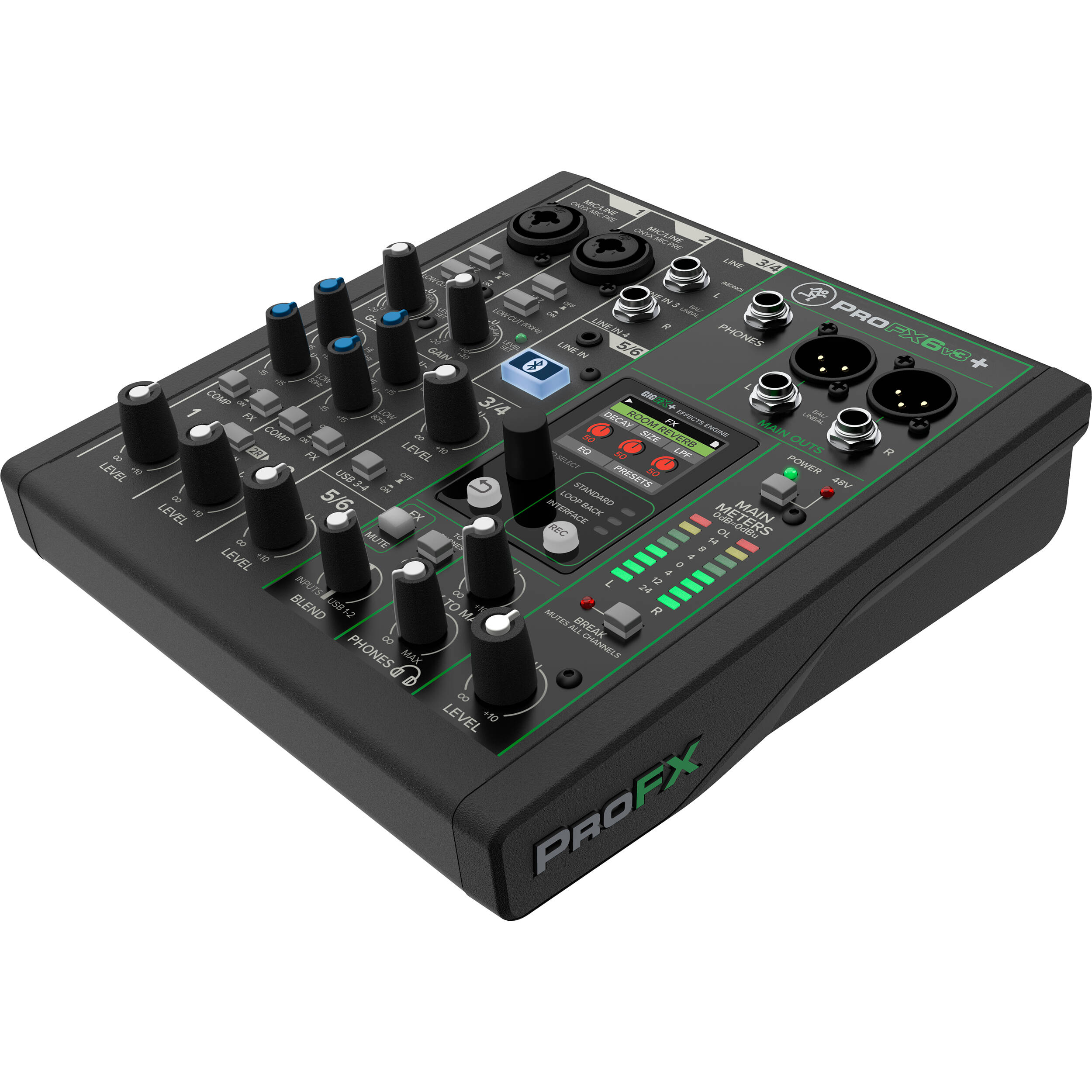 Mackie ProFX6v3+ analog mixer with multiple input channels, knobs, and sliders for professional audio mixing setup.