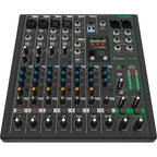 Mackie ProFX10v3+ analog mixer with multiple input channels, knobs, and sliders for professional audio mixing.