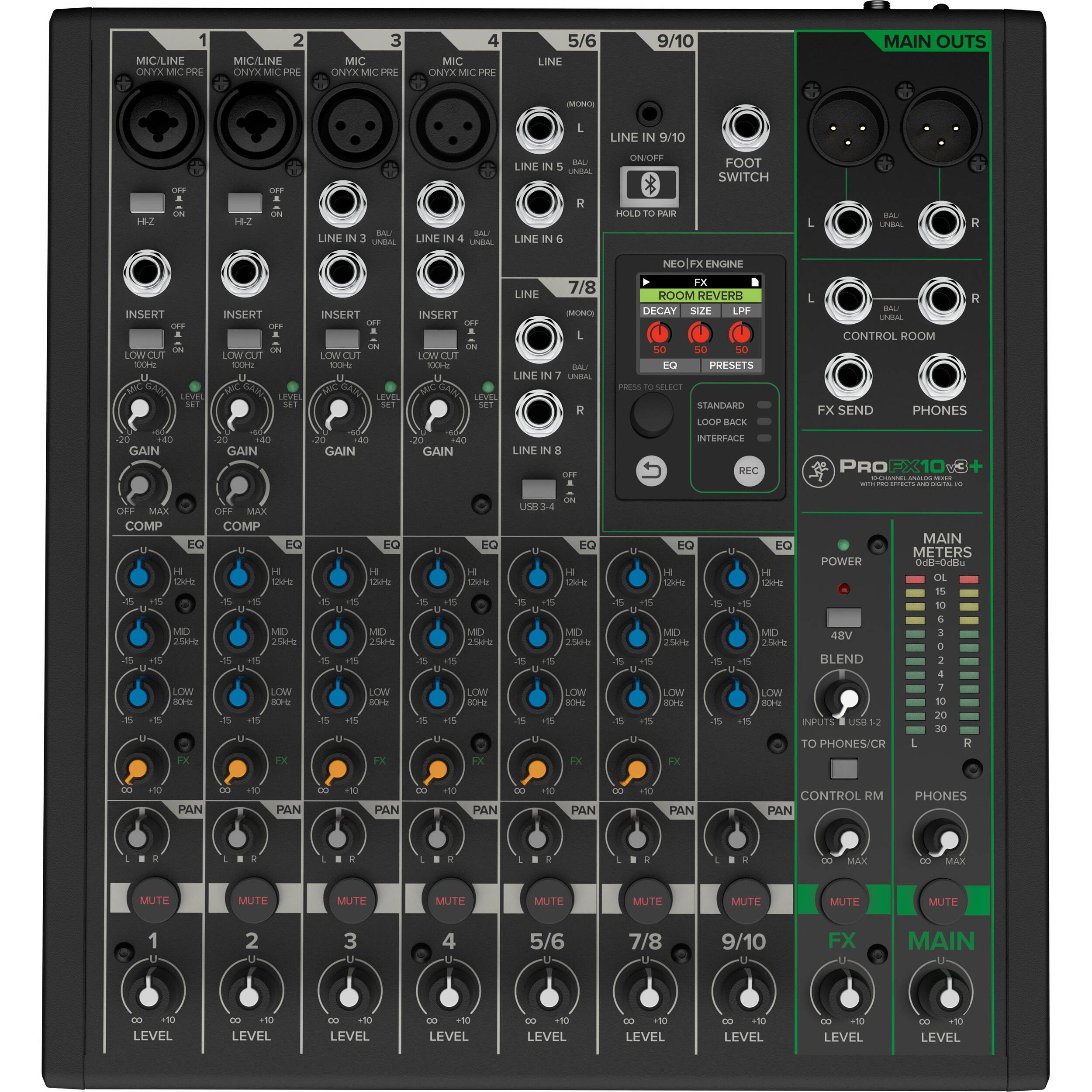 Mackie ProFX10v3+ analog mixer with multiple input channels, control knobs, and audio output jacks, shown on a white background.