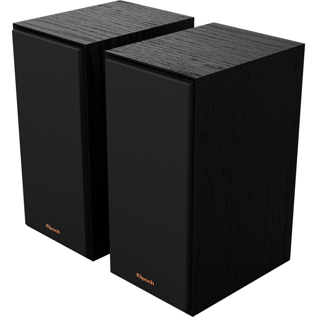 Black Klipsch R-40PM wireless speakers with sleek design and built-in controls, shown from a front view.