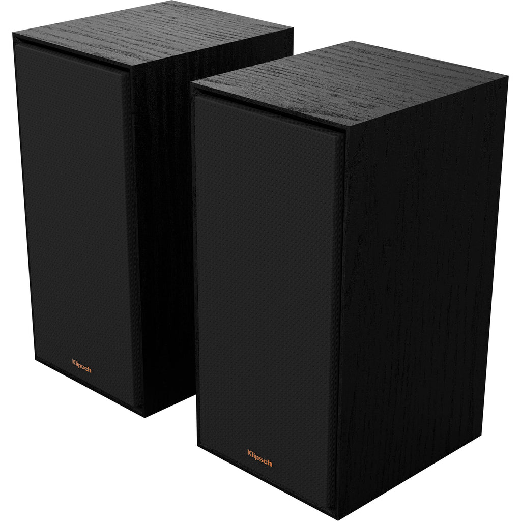 Black Klipsch R-50PM wireless speakers with sleek design and visible speaker grilles, ideal for high-quality audio.