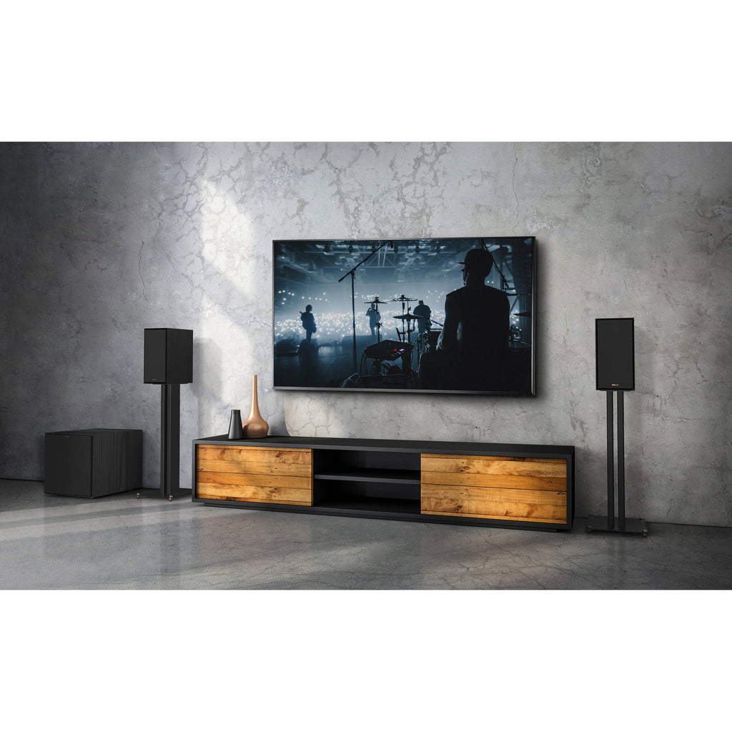 Black Klipsch R-50PM wireless speakers with sleek design and integrated controls, showcasing their modern audio setup.