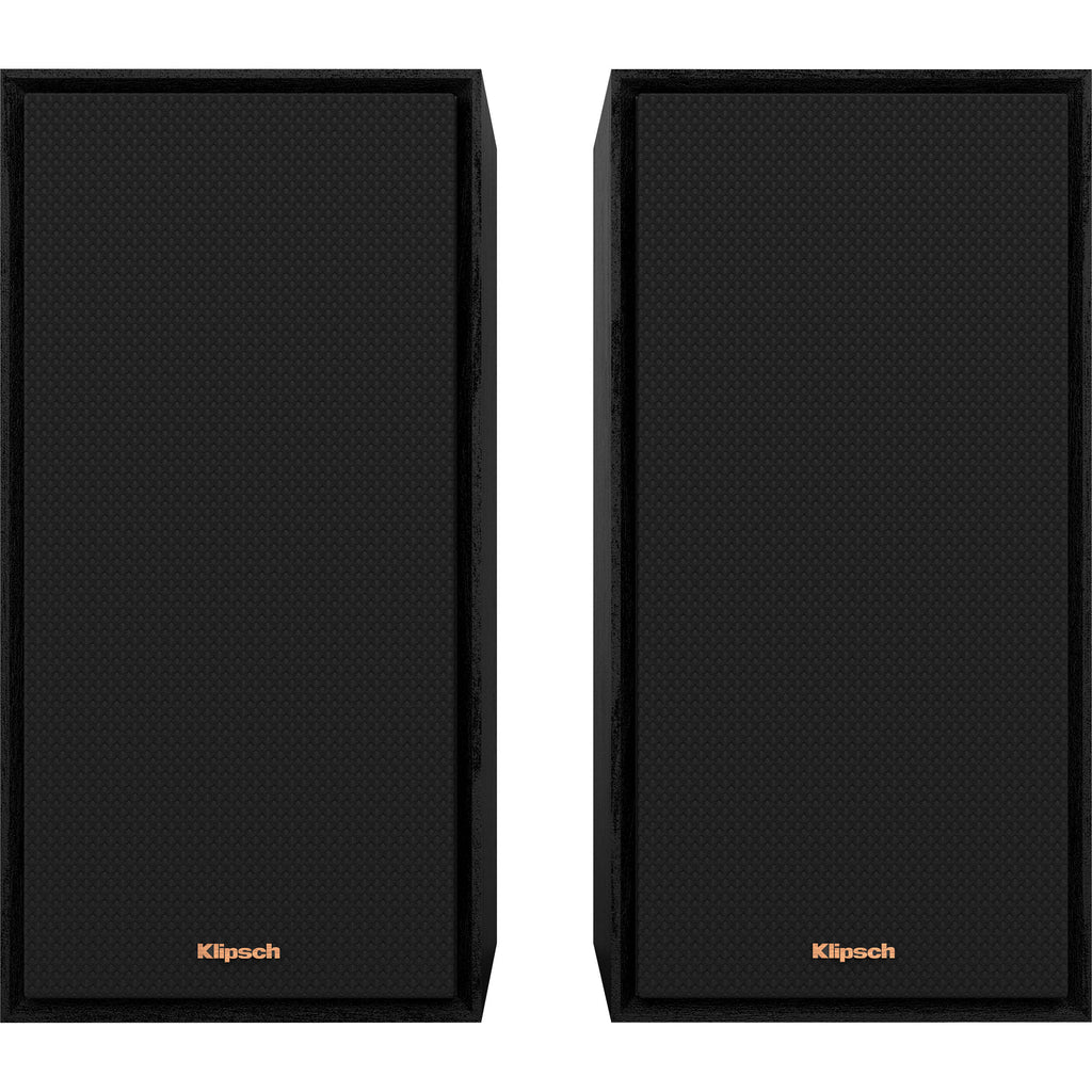 Black Klipsch R-50PM wireless speakers shown with sleek design and front speaker grille, perfect for high-quality audio.