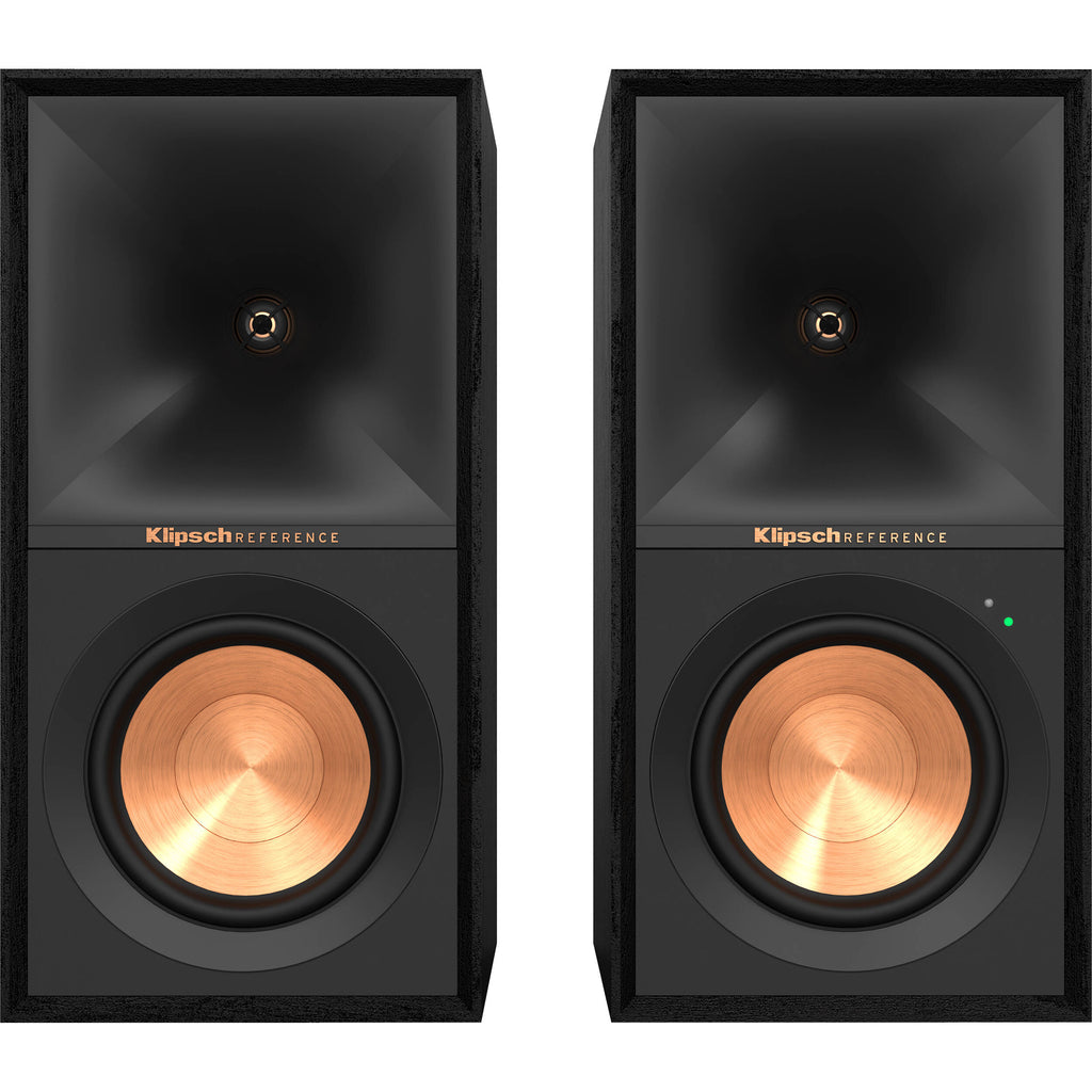 Black Klipsch R-50PM wireless speakers with sleek design and speaker grille, ideal for high-quality audio setup.