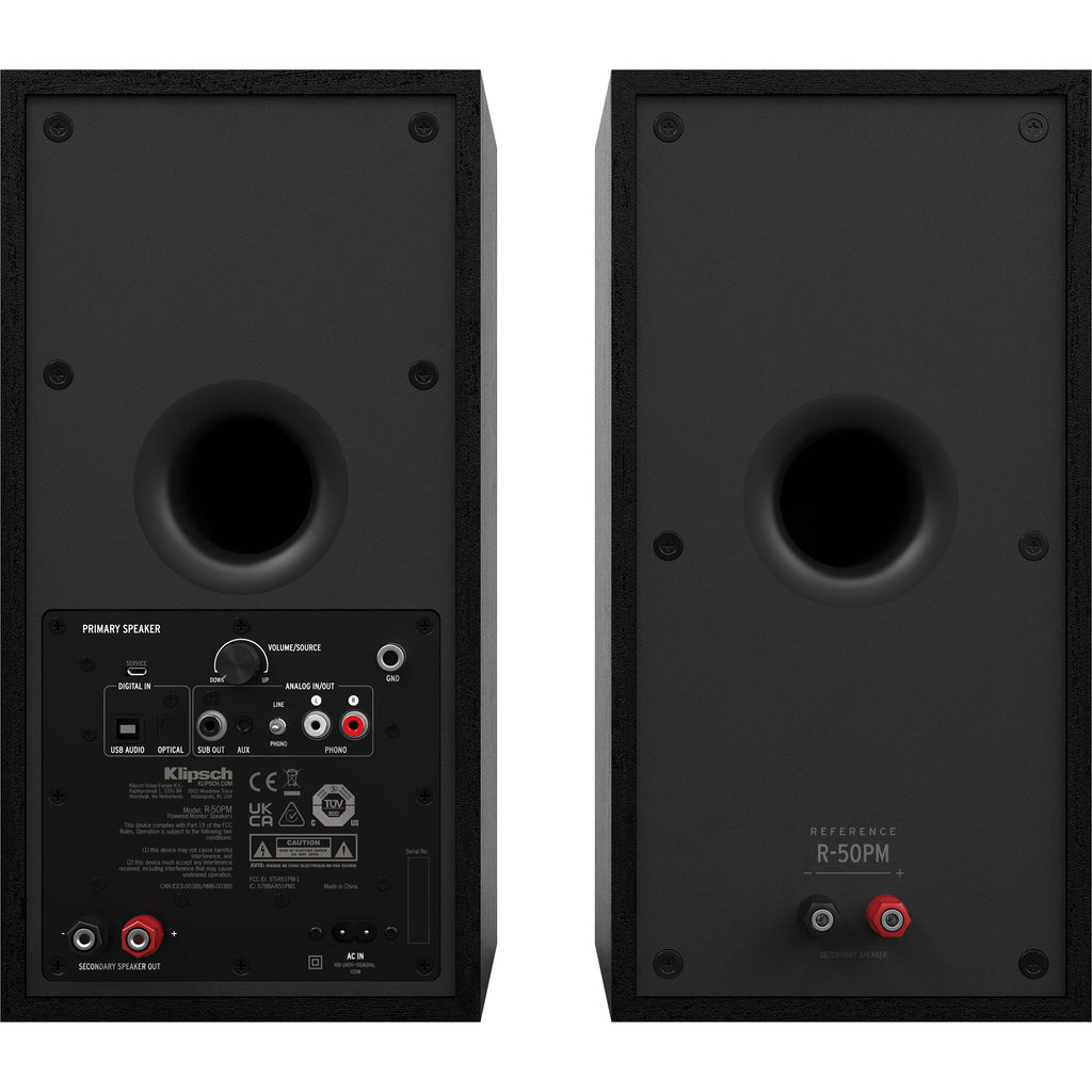 Black Klipsch R-50PM wireless speakers shown with front and side views, featuring sleek design and audio ports.