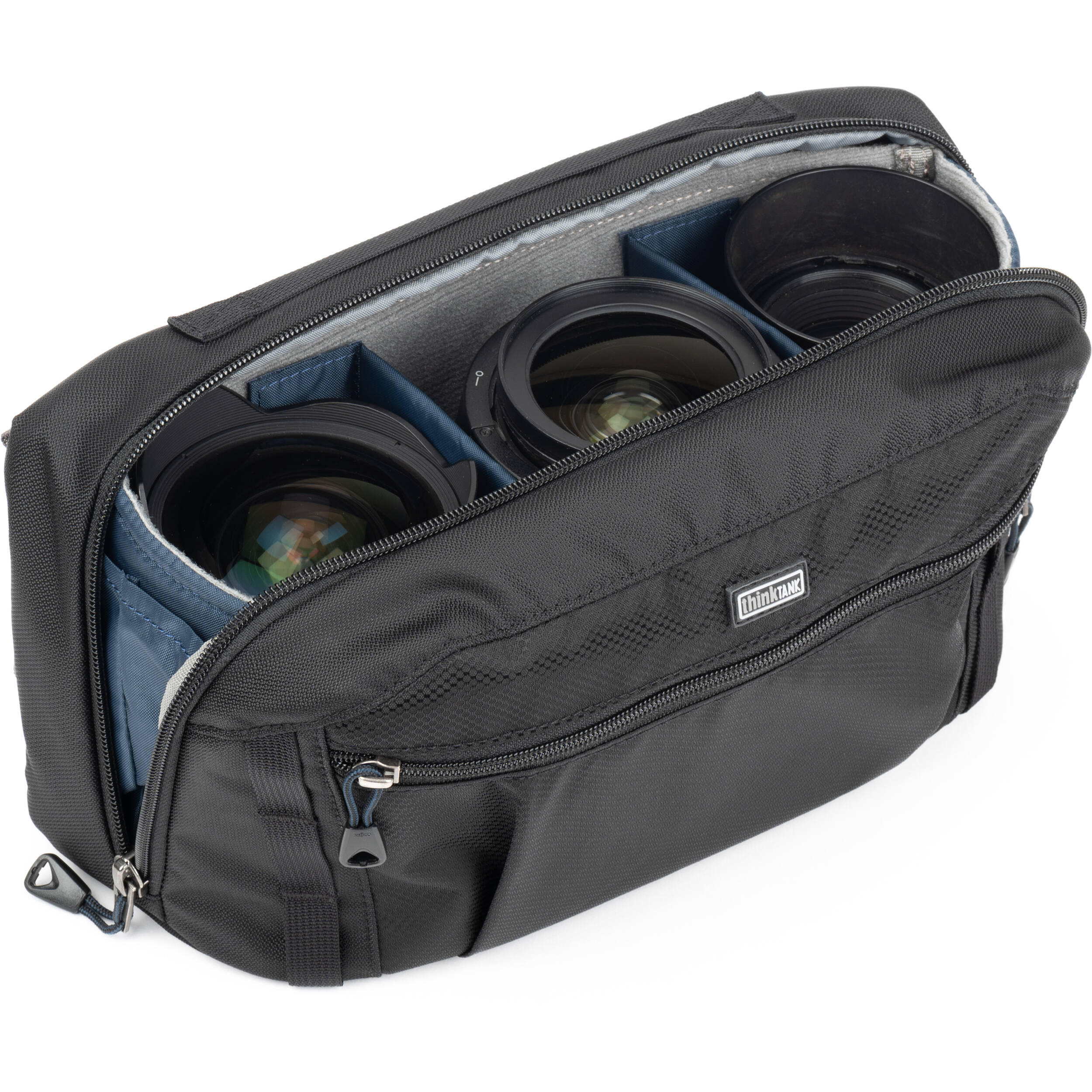 Think Tank PressPass video equipment bag with padded compartments for camera gear and accessories.