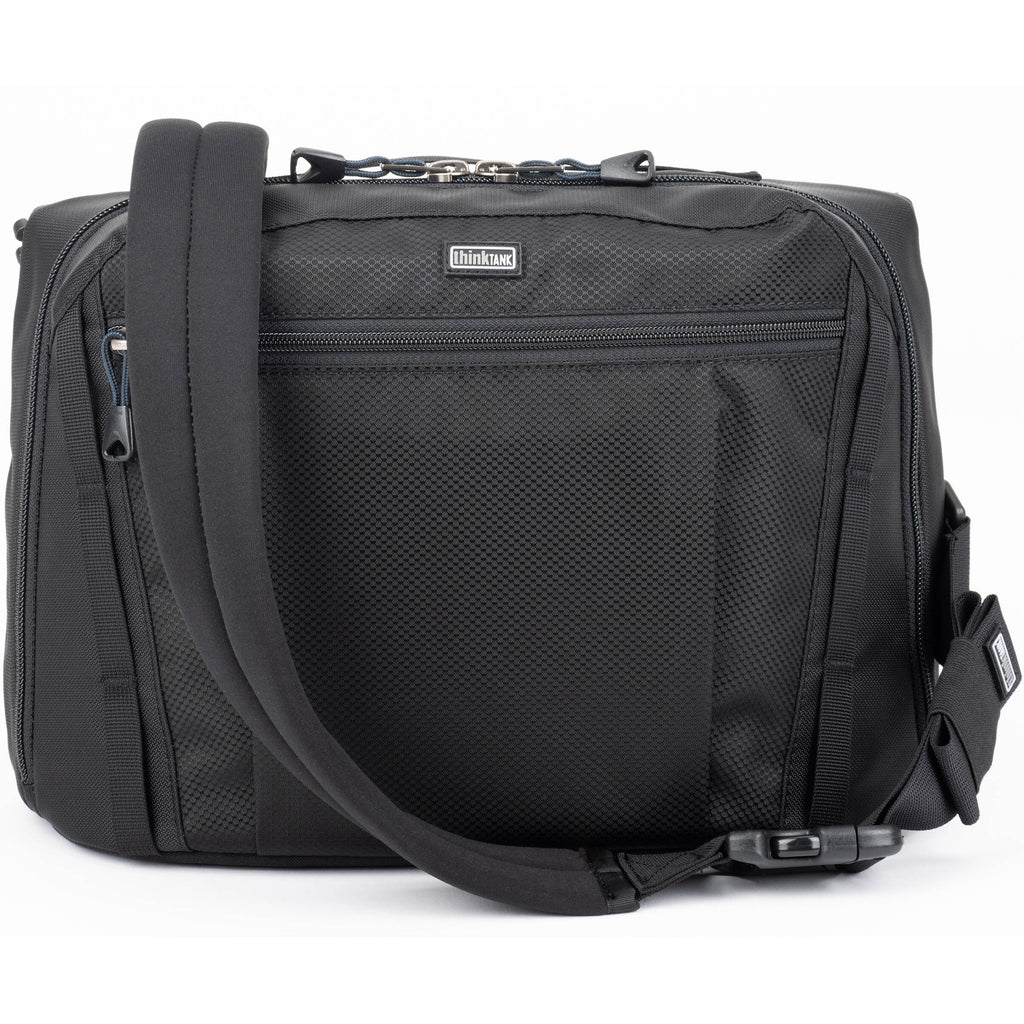 Think Tank PressPass video equipment bag with padded compartments and adjustable straps for professional camera gear storage.