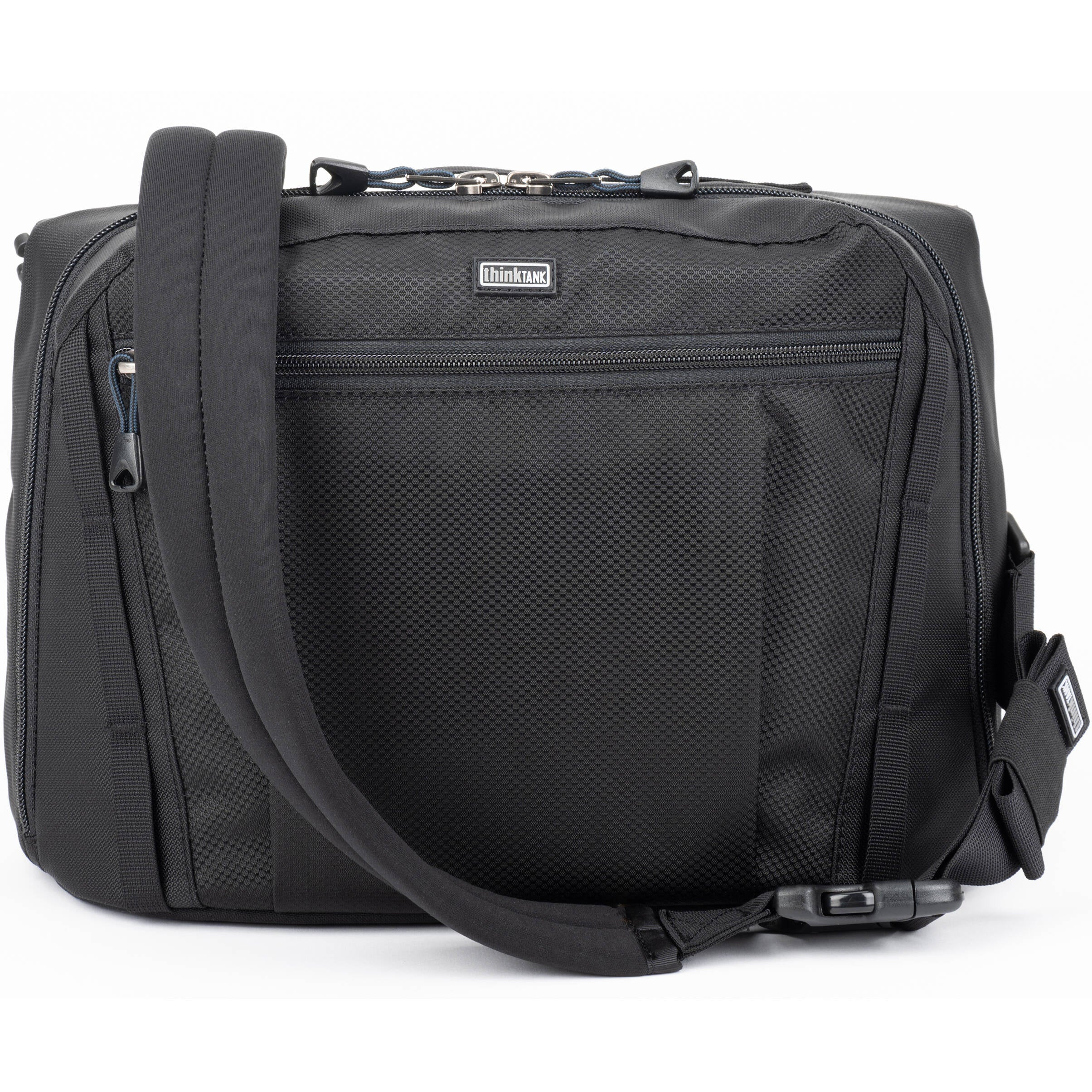 Think Tank PressPass video equipment bag with padded compartments and adjustable straps for professional camera gear storage.