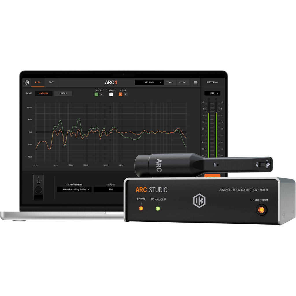 IK Multimedia ARC Studio room calibration device with microphone for accurate acoustic tuning and sound optimization.