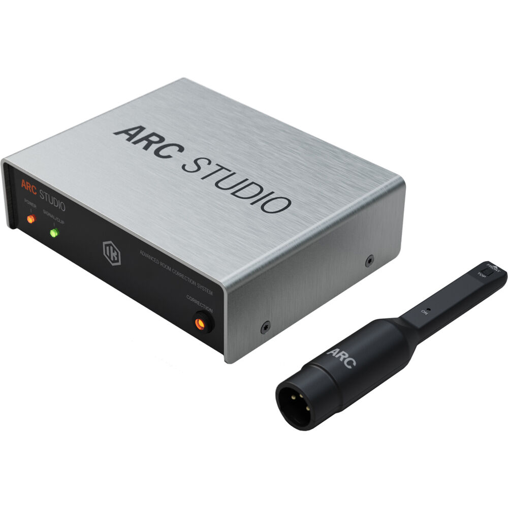 IK Multimedia ARC Studio room calibration device showcasing its sleek design and control interface for accurate audio calibration.