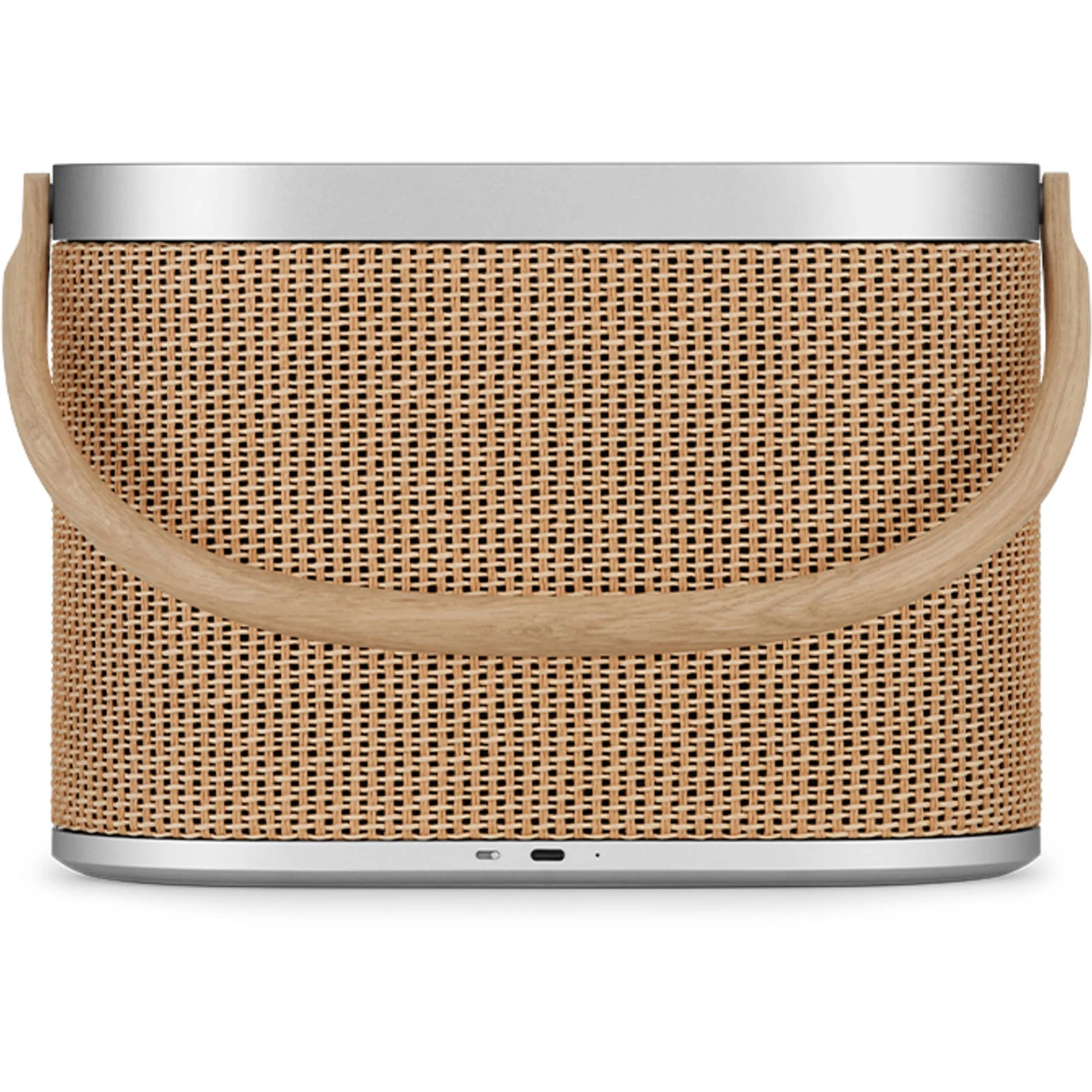 Bang & Olufsen Beosound A5 portable speaker showing its sleek design and fabric covering on a neutral background.