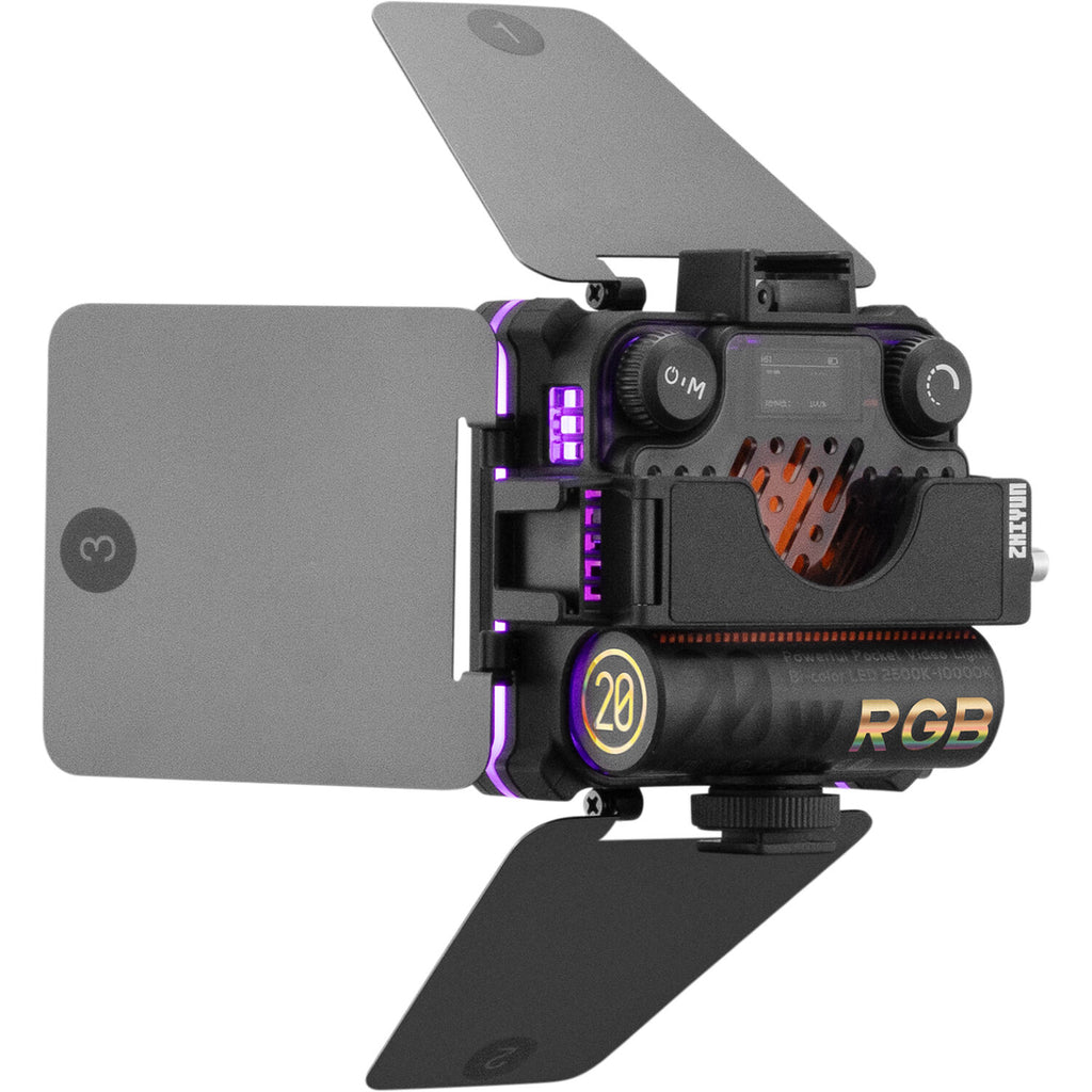 Zhiyun Fiveray M20C RGB light panel showing colorful lighting effects and control buttons.