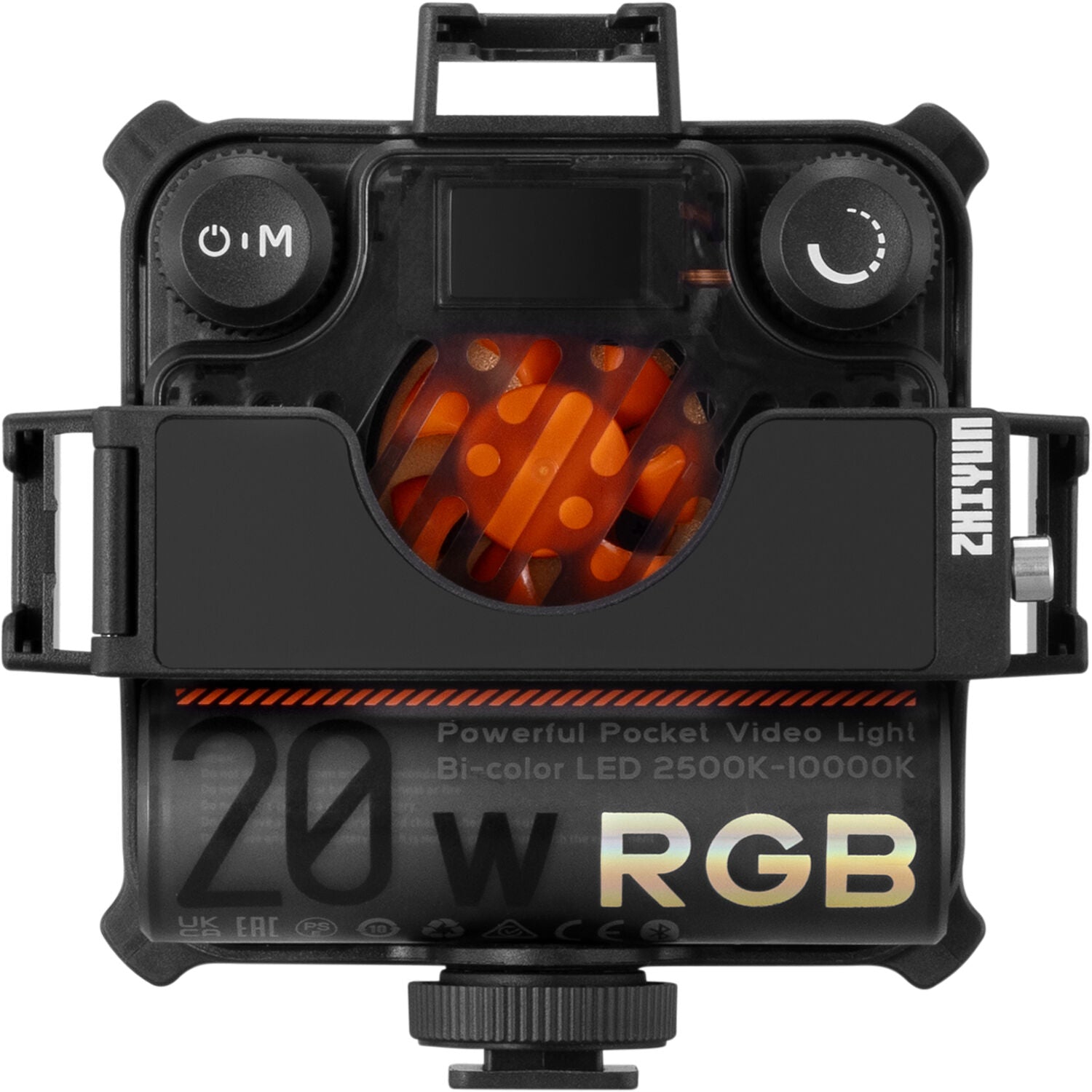 Zhiyun Fiveray M20C RGB light panel with combo accessories, showing adjustable color and brightness settings.