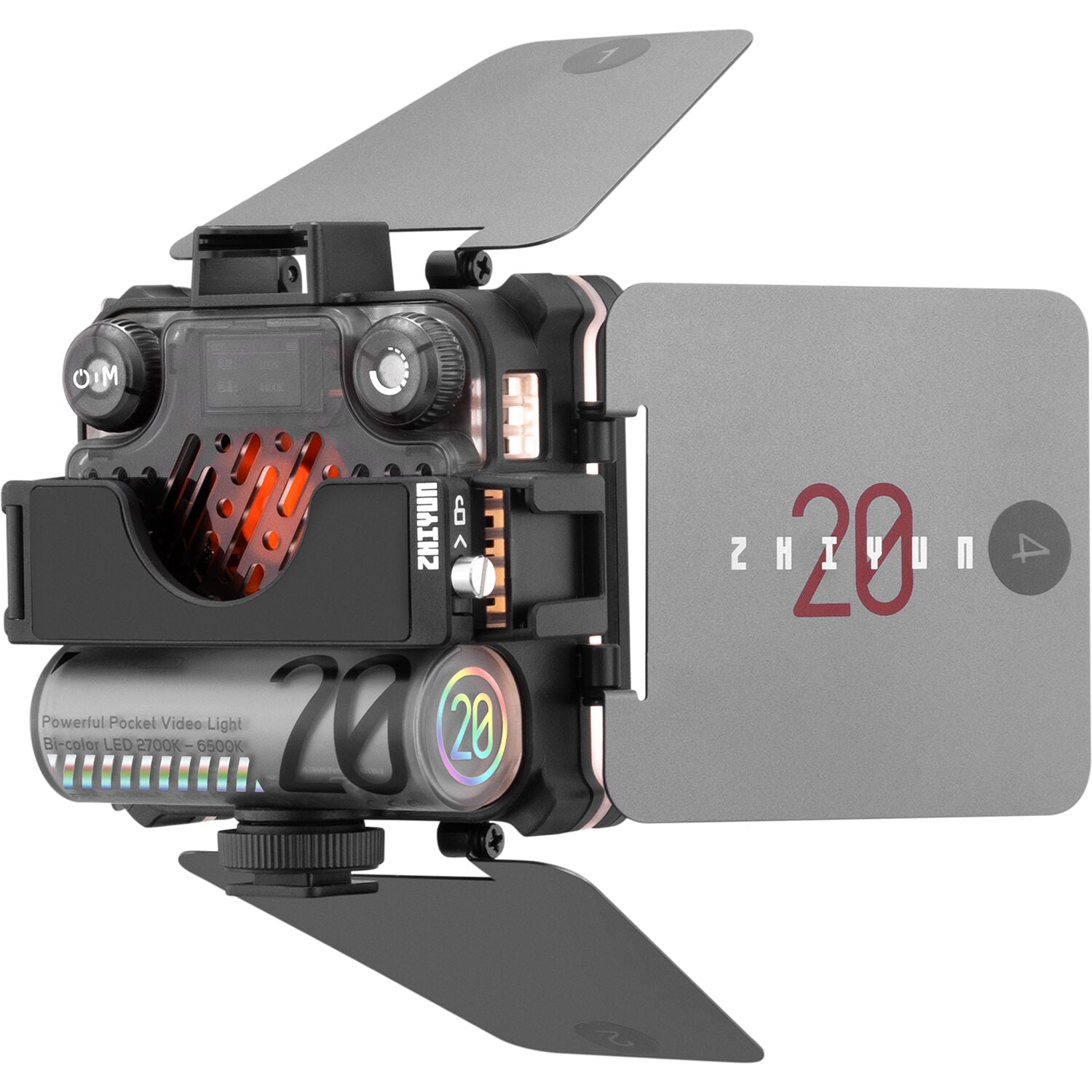 Zhiyun Fiveray M20 Bi-Color LED lights combo with adjustable panels and controls, ideal for professional video lighting setups.