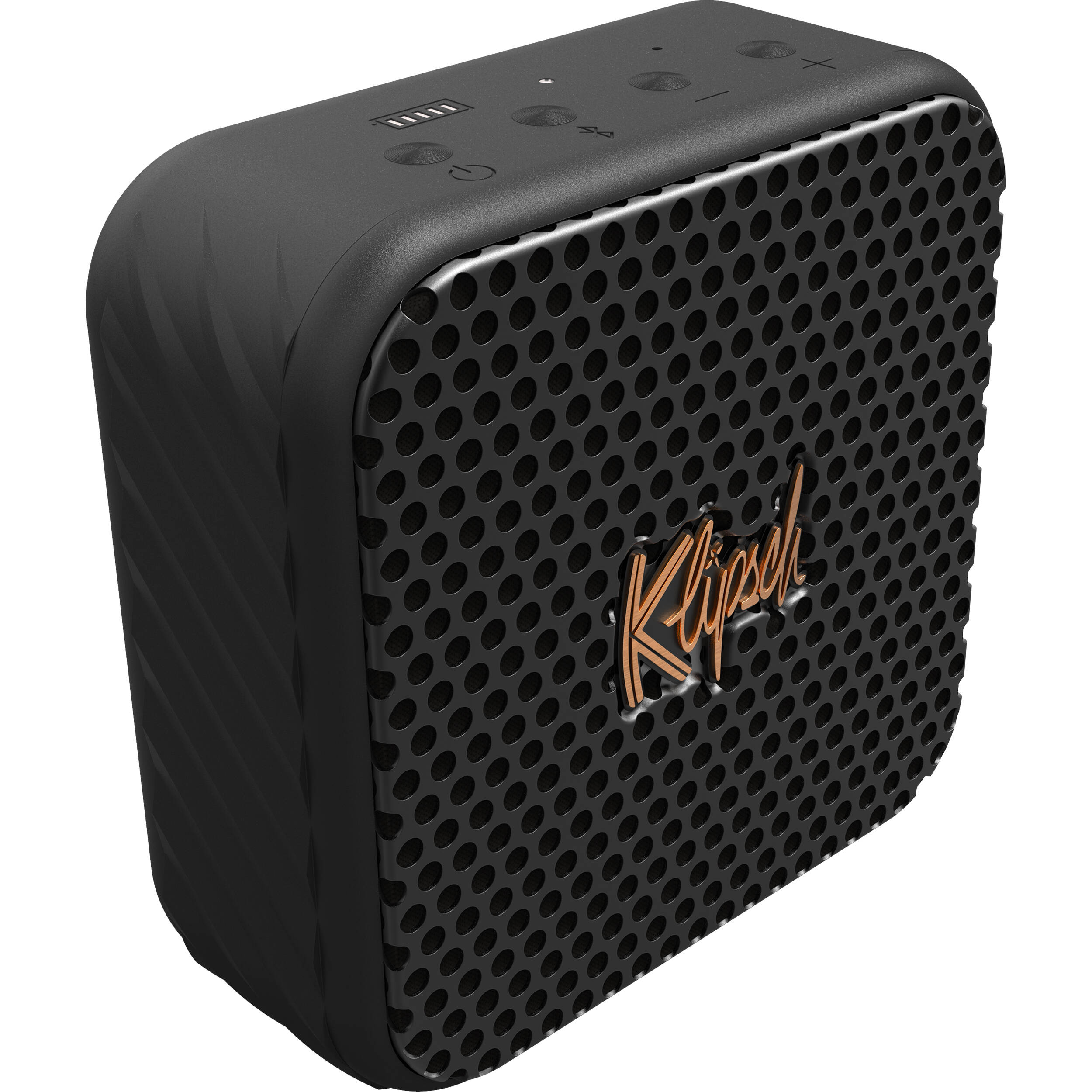Klipsch Austin portable speaker with black finish, compact design, and control buttons on top, ideal for on-the-go listening.