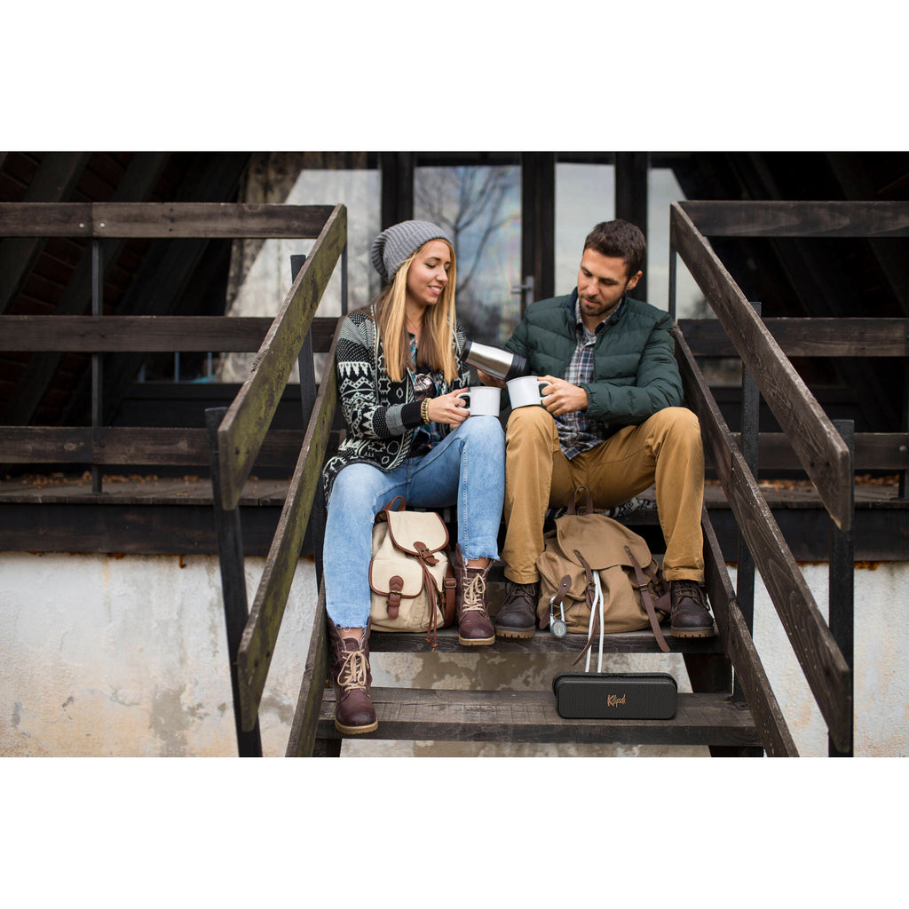 Klipsch Detroit portable speakers in sleek design, showcasing compact size and premium build quality.
