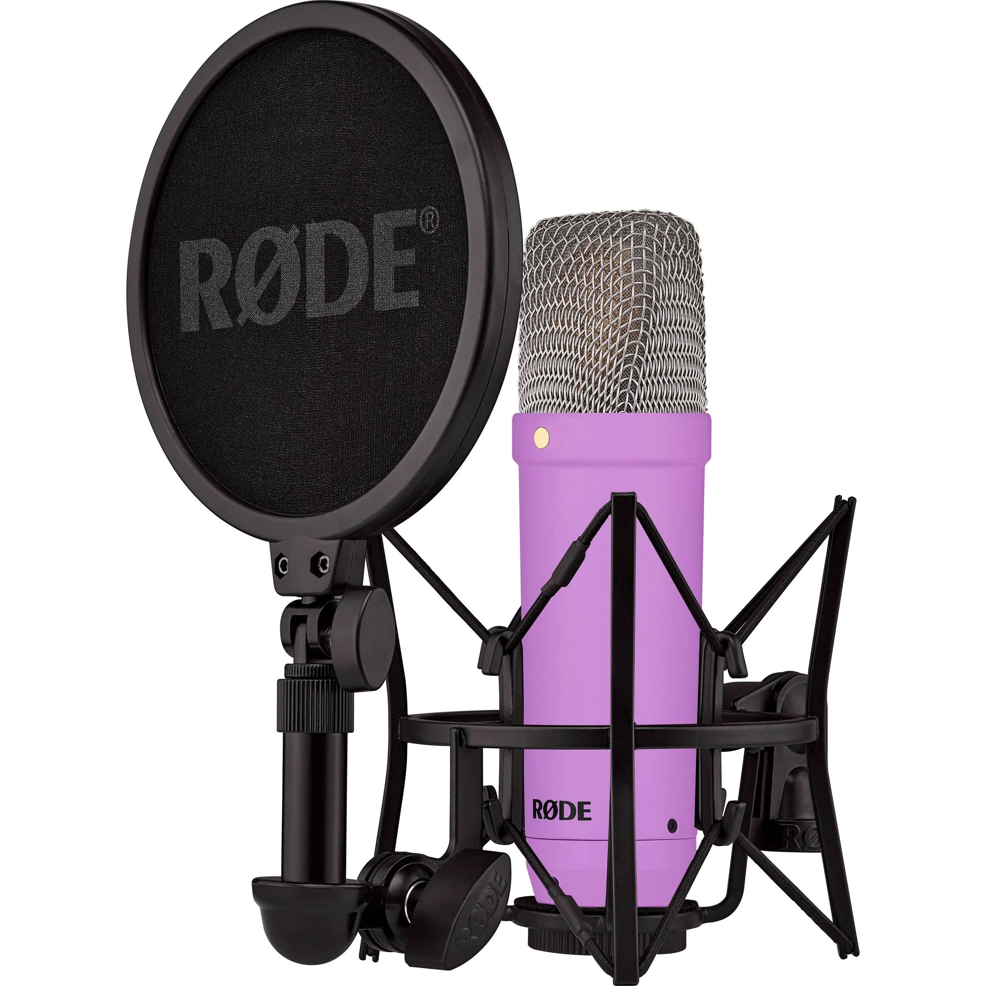 Rode NT1 Signature Series condenser microphone with sleek design and shock mount, ideal for studio recording and vocals.