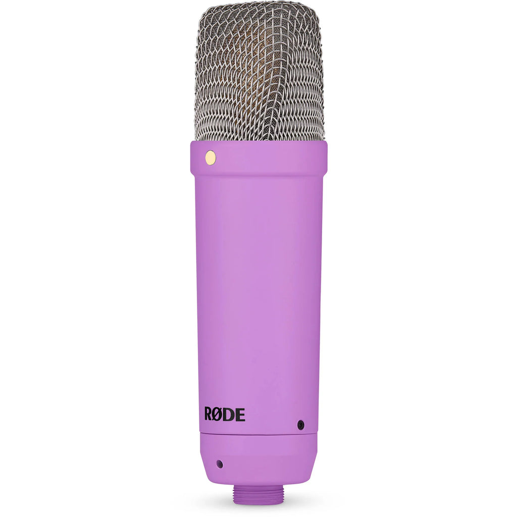 Rode NT1 Signature Series condenser microphone with black finish, microphone capsule and stand on a white background.
