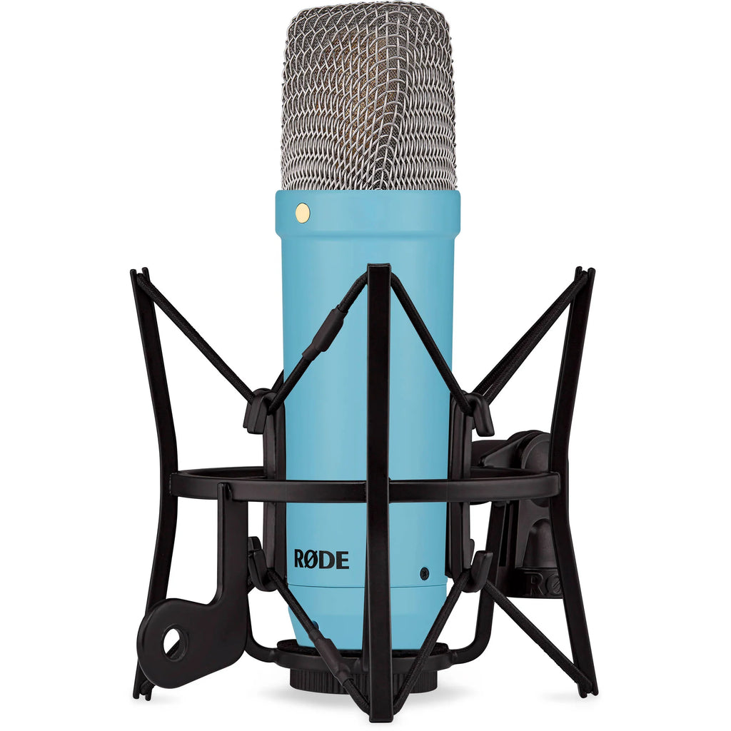 Rode NT1 Signature Series condenser microphone with silver finish and shock mount for studio recording and vocals.