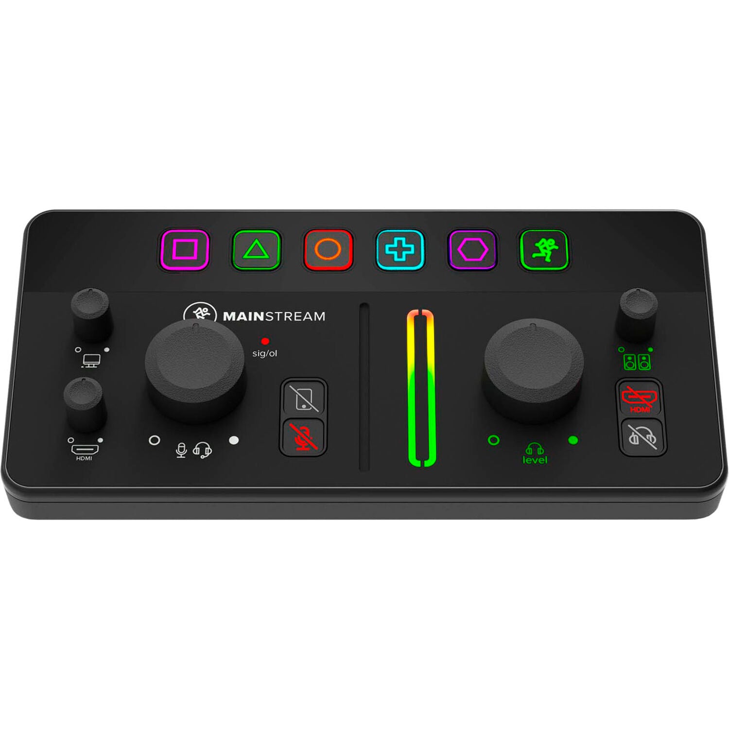 Mackie MainStream video streaming device with control panel and display, designed for professional live streaming setups