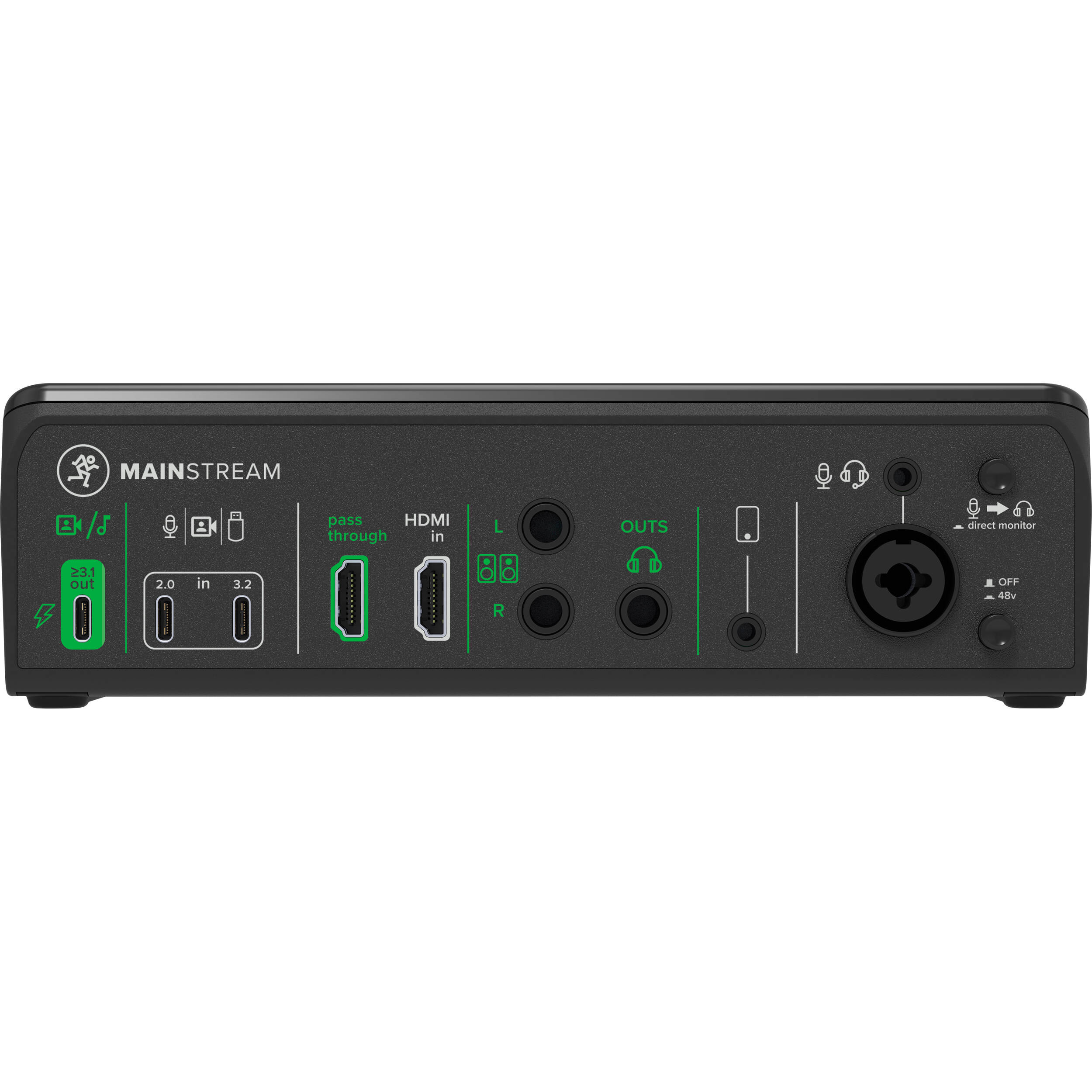 Mackie MainStream video streaming device with control panel and connection ports, designed for professional live streaming setups.