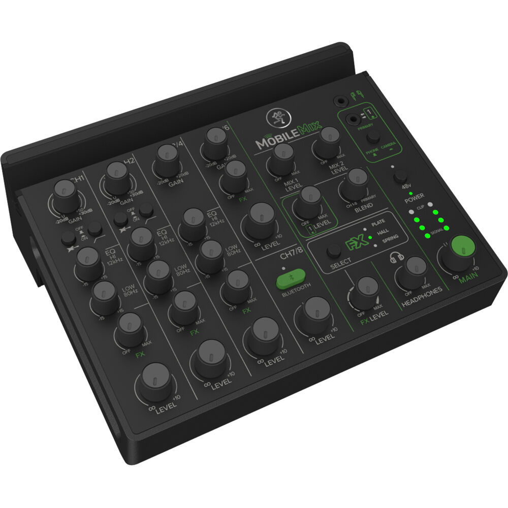 Mackie MobileMix video streaming mixer with multiple input channels and control knobs for live streaming setups.