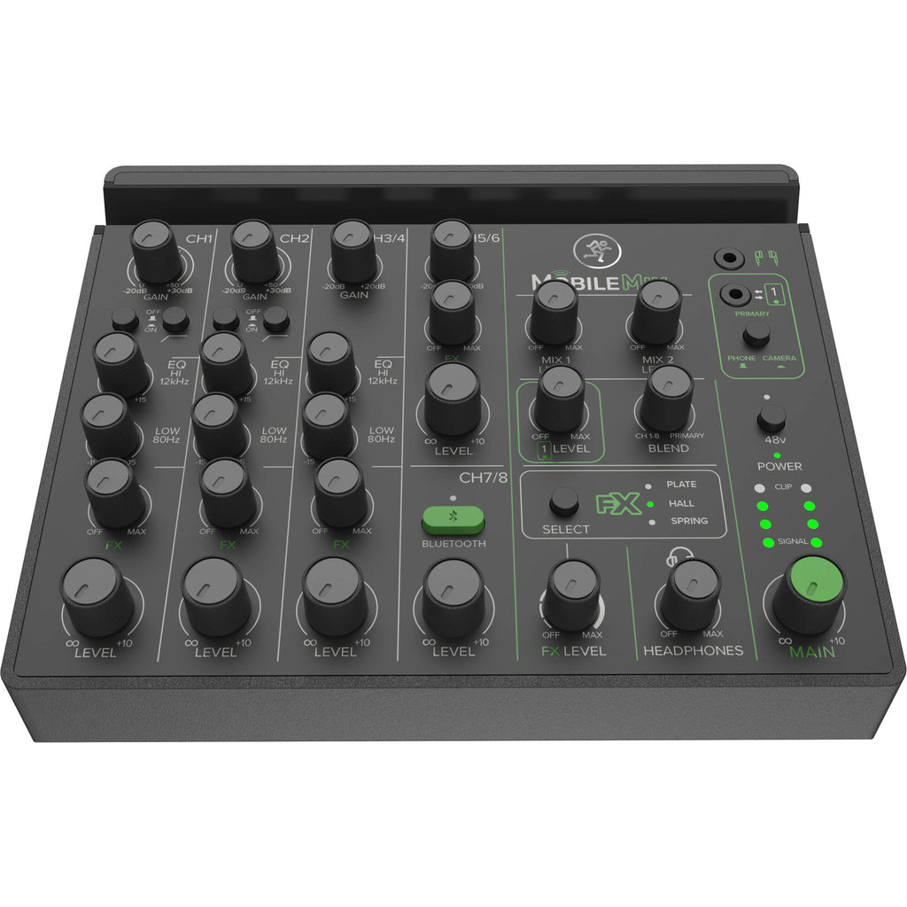 Mackie MobileMix video streaming mixer with multiple input channels and control knobs, designed for professional mobile streaming setups.