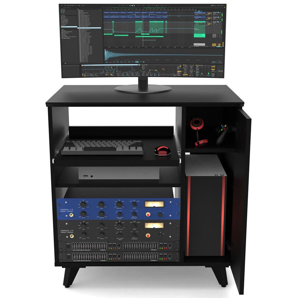 Glorious Modular Side Rack for DJ tables and furniture, showing black metal frame with multiple adjustable shelves.