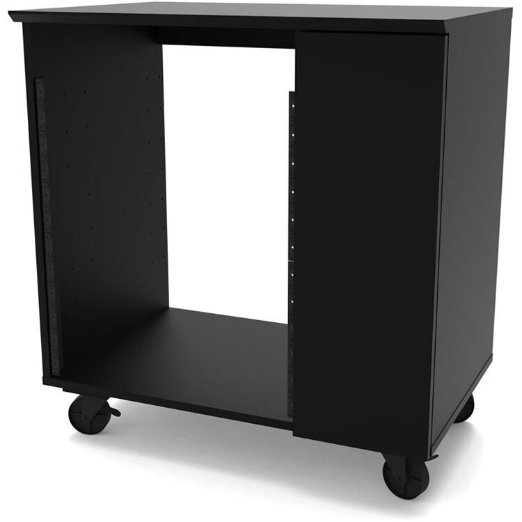 Glorious Modular Side Rack for DJ tables and furniture, showcasing a sleek metal design with adjustable shelving.