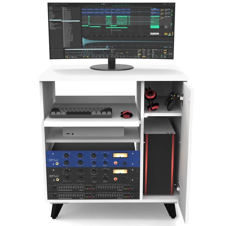 Glorious Modular Side Rack for DJ tables and furniture, showing a sleek black modular design with multiple storage compartments.