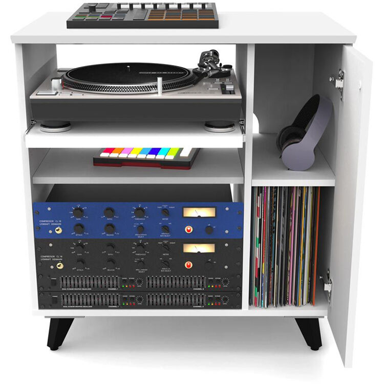Glorious Modular Side Rack for DJ tables and furniture, featuring a sleek, sturdy design with multiple compartments for equipment storage.