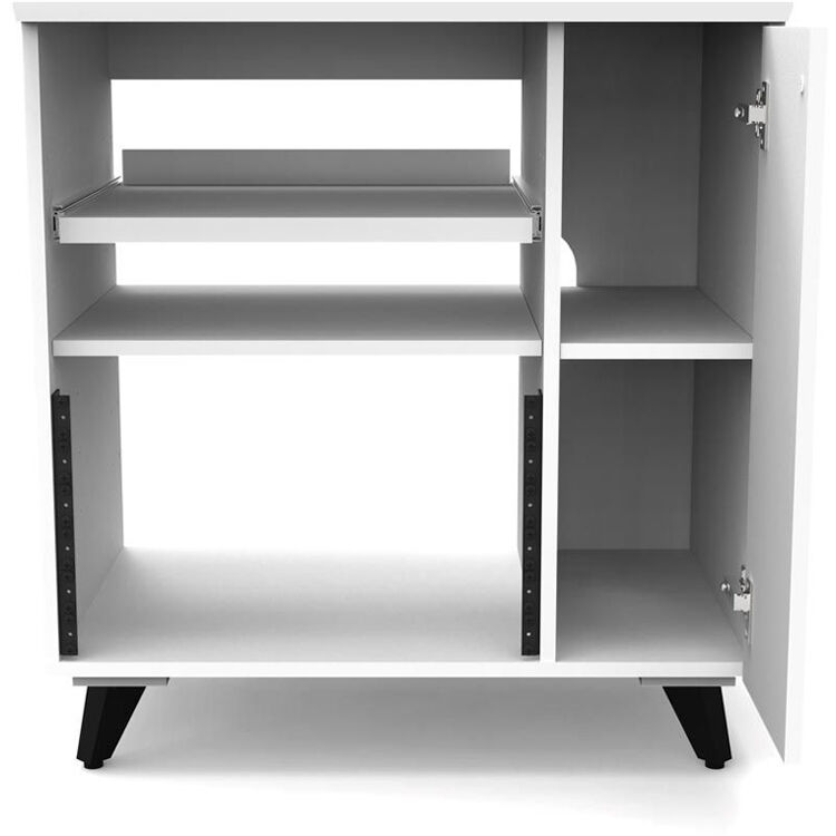 Glorious Modular Side Rack for DJ tables and furniture, showing a sleek, black metal frame with adjustable shelving for audio equipment.