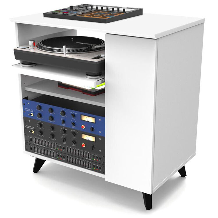 Glorious Modular Side Rack for DJ tables and furniture, featuring a sleek black design and adjustable modular shelving.