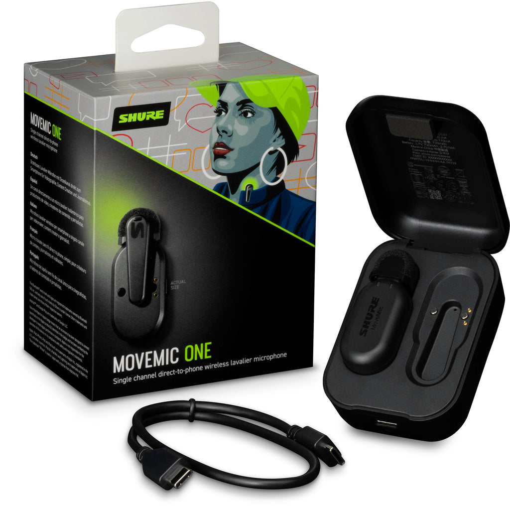 Shure MoveMic One wireless creator microphone system with microphone and transmitter for professional audio recording.