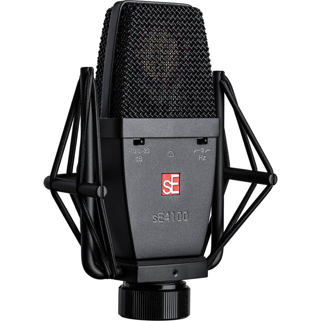 sE Electronics sE4100 condenser microphone with silver finish, detailed metal grille and professional studio design.