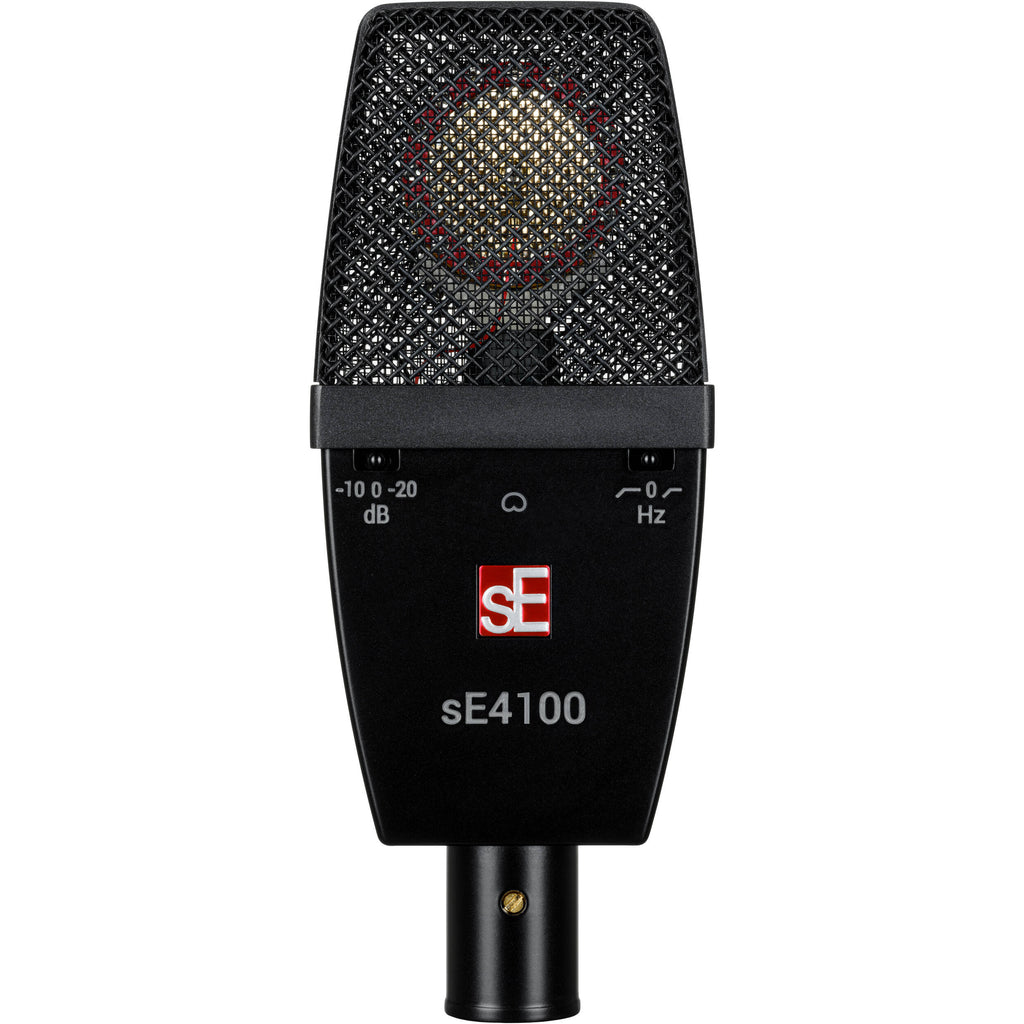 sE Electronics sE4100 condenser microphone with shock mount and pop filter, studio recording setup.