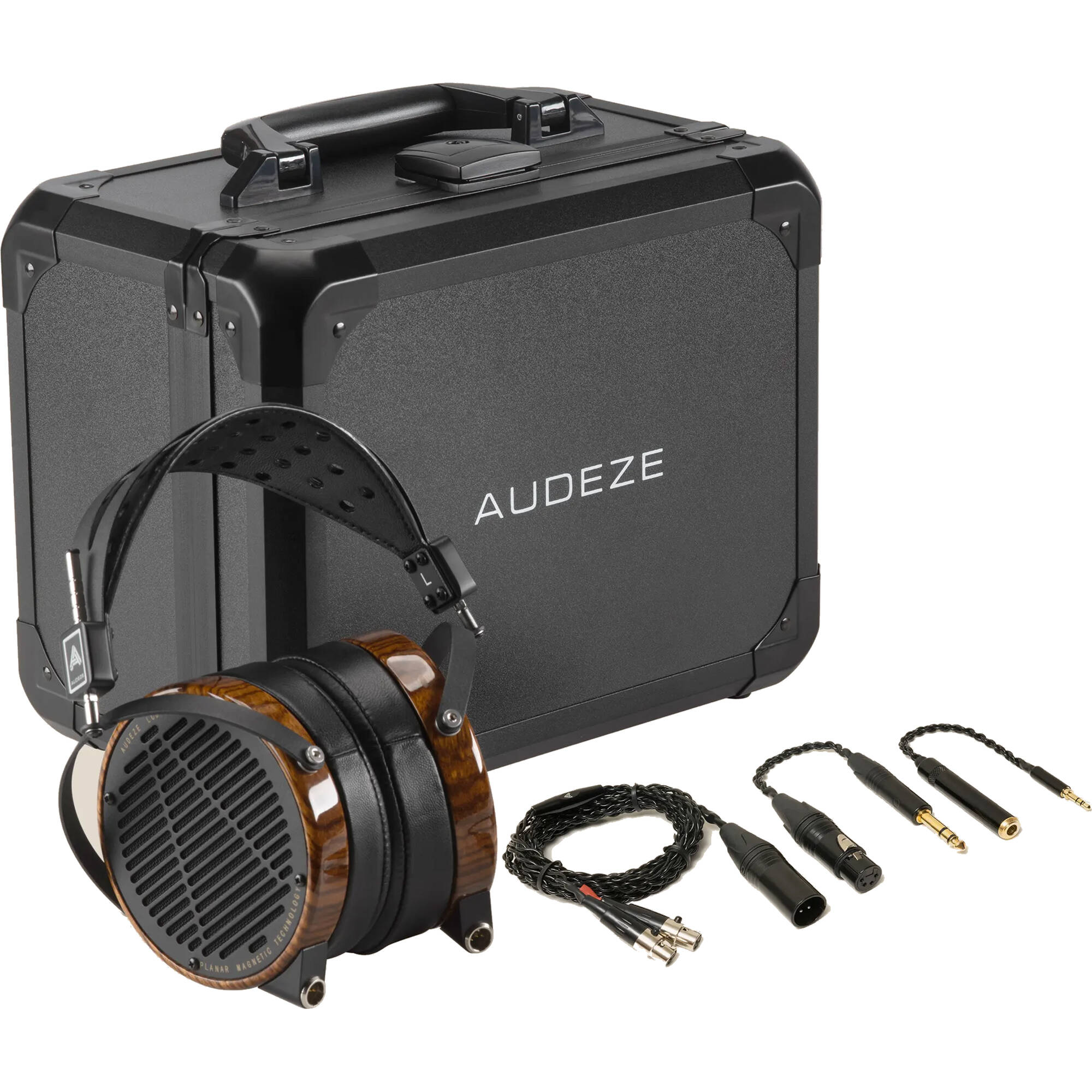 Audeze LCD-3 leather wired headphones with large ear cups and headband, showcasing premium audio equipment design.