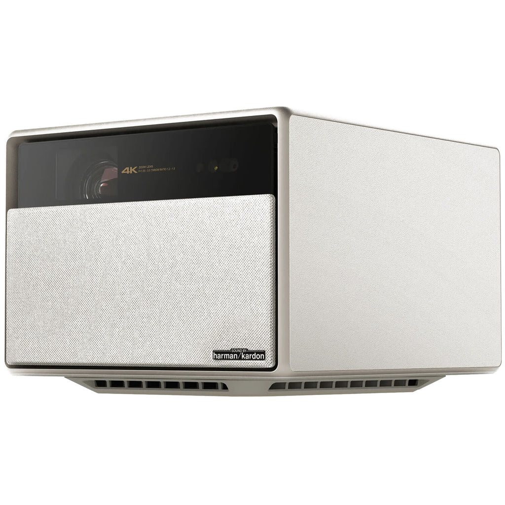 Xgimi Horizon Ultra projector displaying a colorful image on a wall, showcasing its sleek design and high-quality projection capabilities.