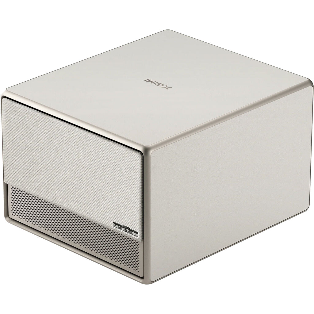 Xgimi Horizon Ultra projector displaying a vibrant image on a wall in a modern living room setting.