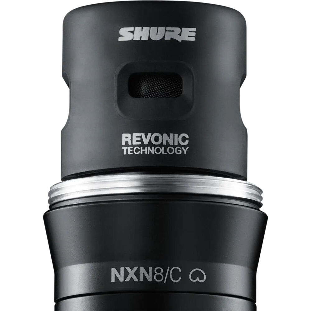Shure Nexadyne 8/C dynamic microphone with black handle and grille, designed for professional audio applications.