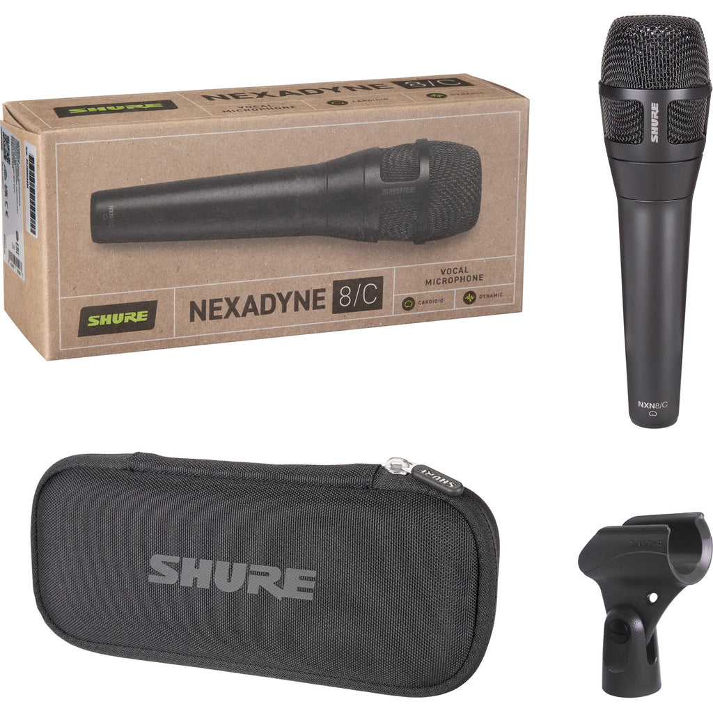 Shure Nexadyne 8/C dynamic microphone with black grille and body, designed for professional audio applications.