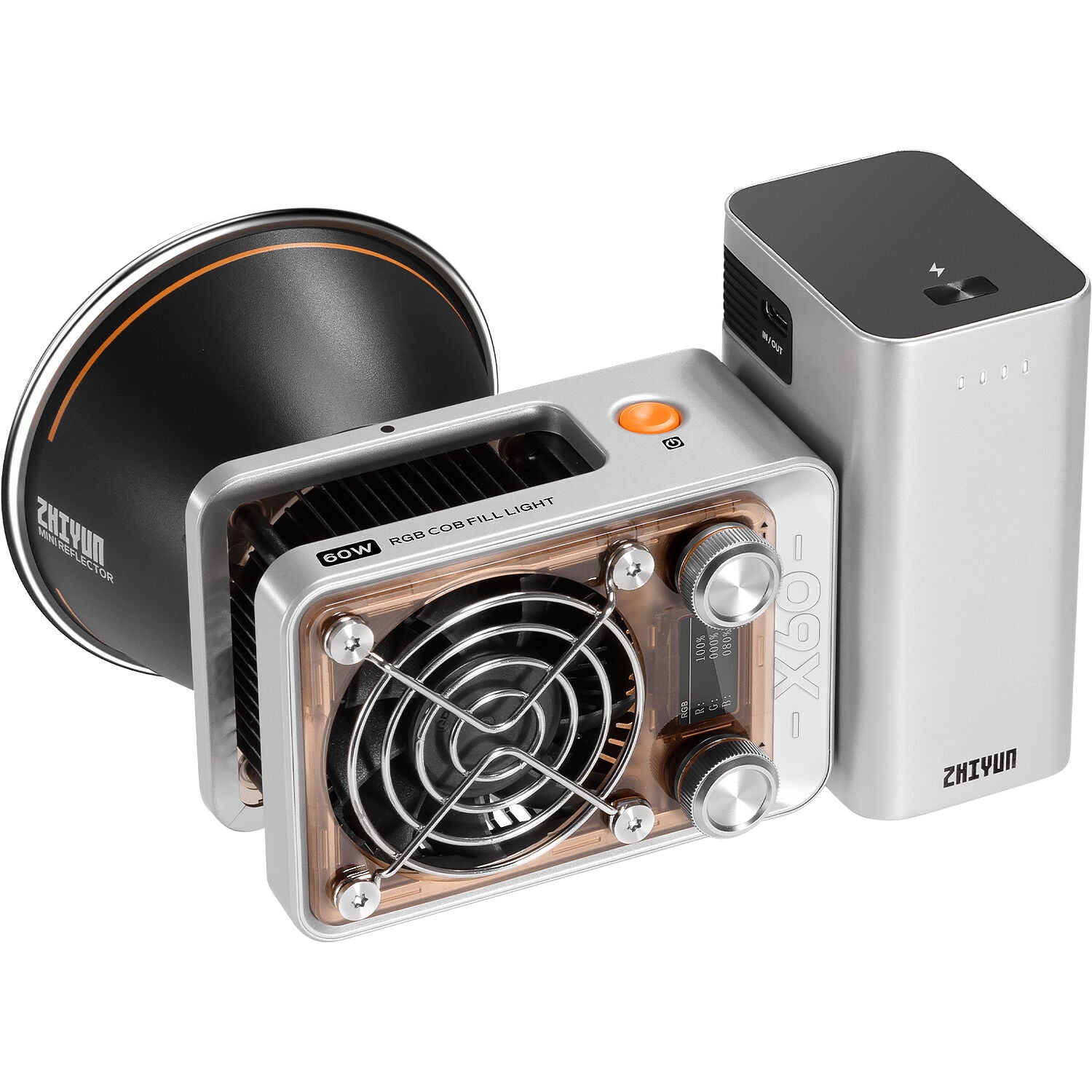 Zhiyun Molus X60 RGB Pro LED light showing adjustable color settings and control panel for professional lighting.