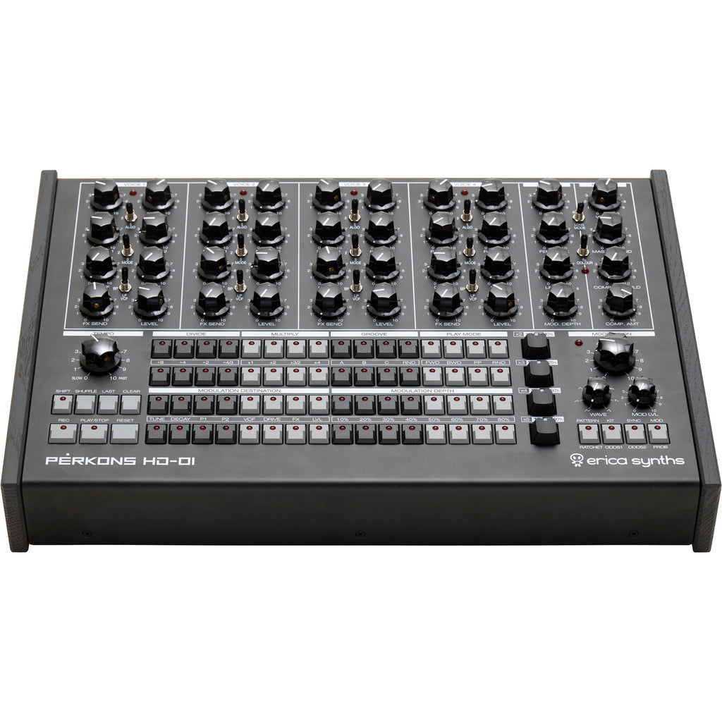 Erica Synths Perkons HD-01 drum machine and sampler with knobs and buttons, black and silver front panel, compact electronic music gear.