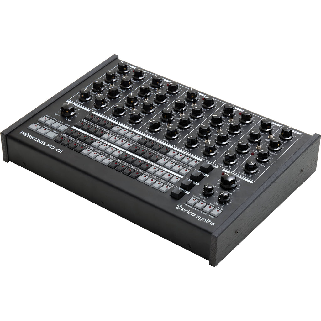 Erica Synths Perkons HD-01 drum machine and sampler with knobs and buttons on a sleek black panel.