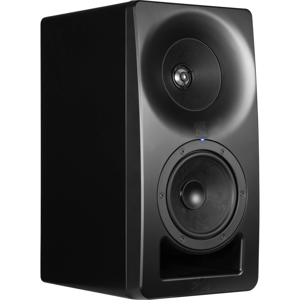 Kali Audio SM-5 active nearfield monitors with black cabinets and front-facing controls for studio sound monitoring.