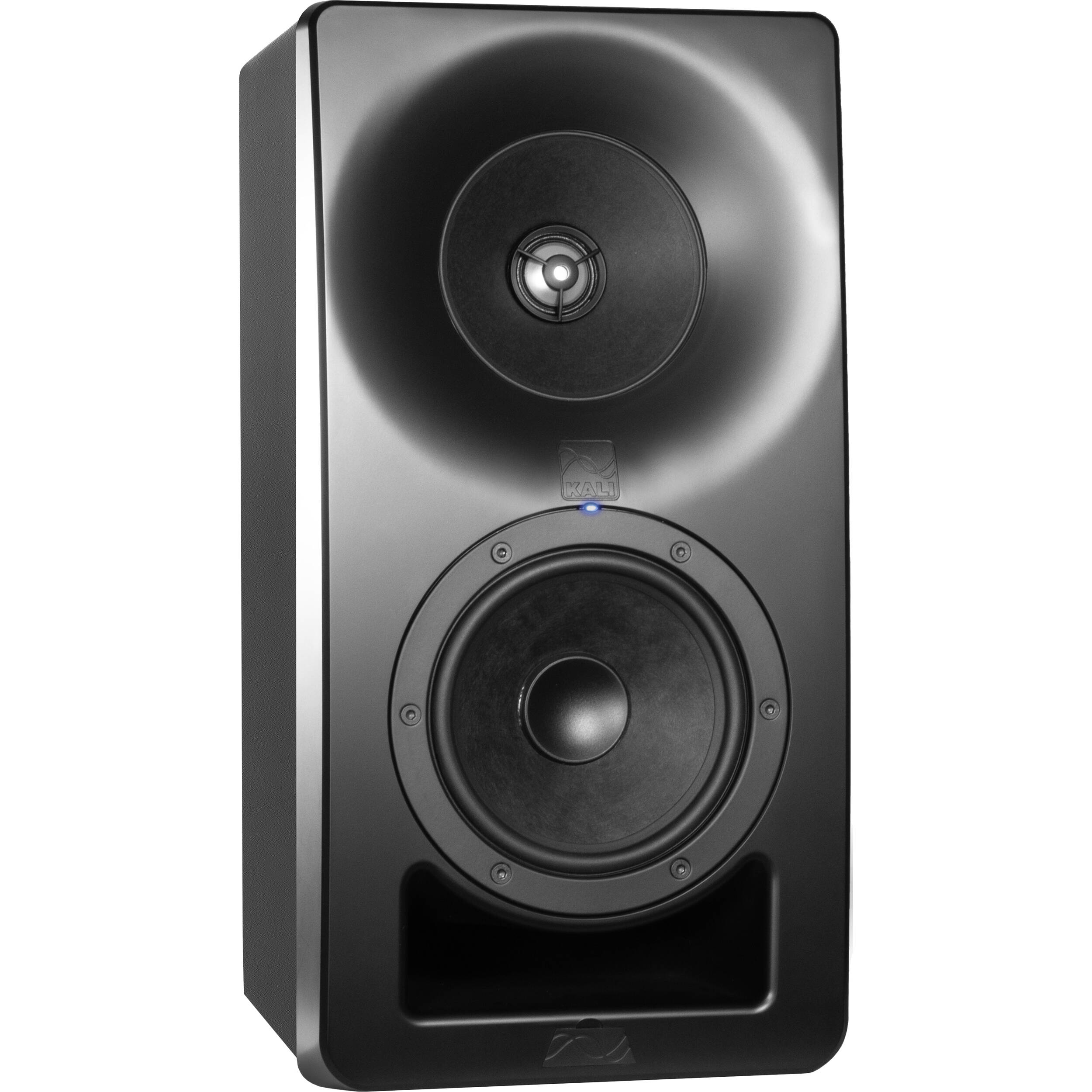 Kali Audio SM-5 active nearfield monitor speaker with black enclosure and control knobs on front panel.