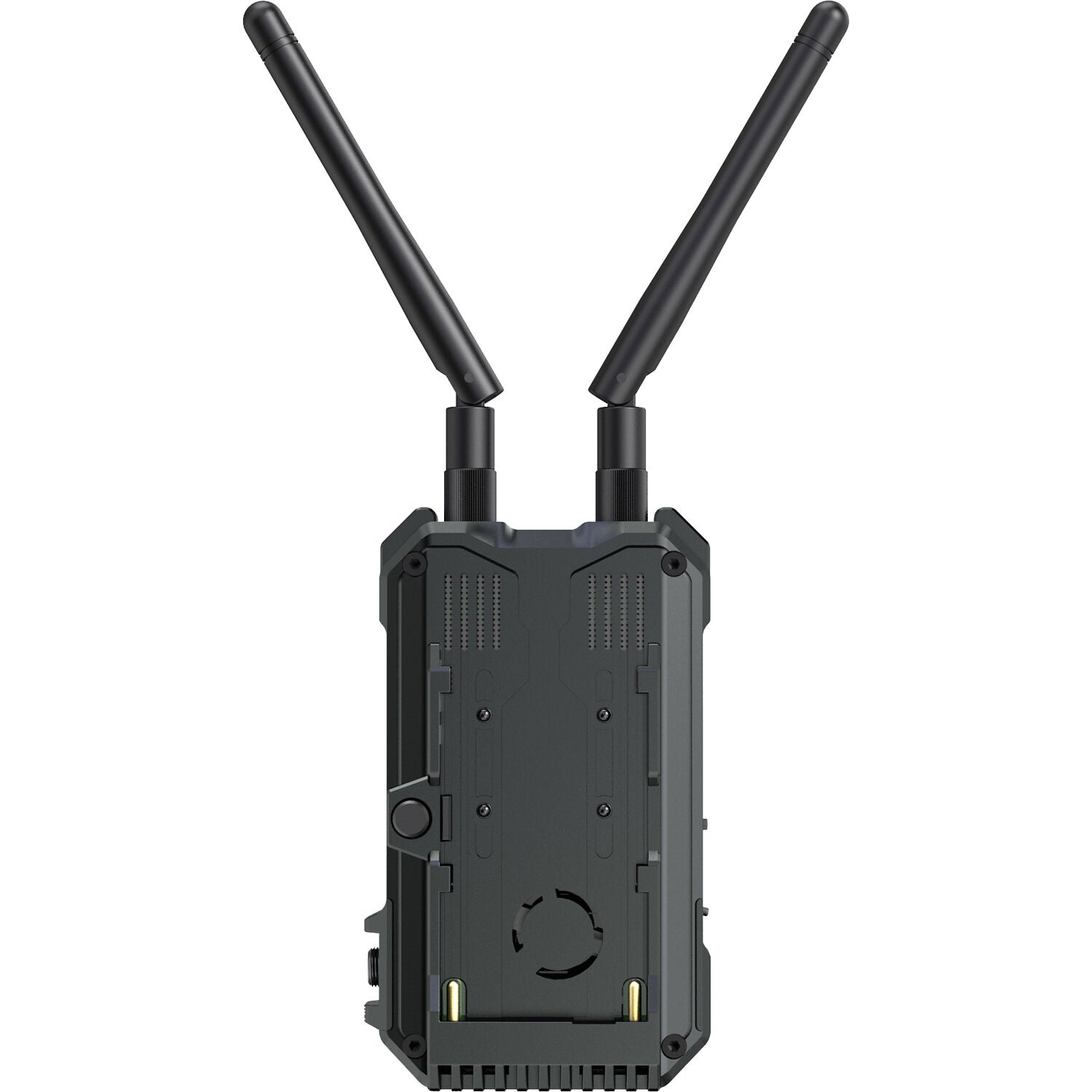 Hollyland Pyro H wireless video receiver connected to a camera setup, compact device with display screen and control buttons.