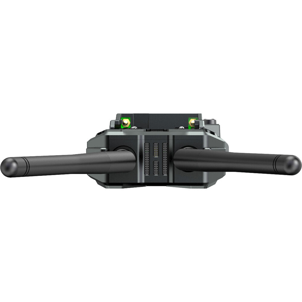 Hollyland Pyro H wireless video receiver mounted on a camera rig, showcasing compact design and connection ports for professional video transmission.