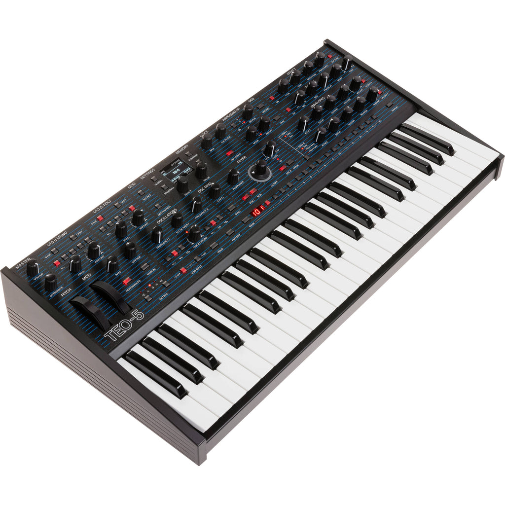 Oberheim TEO-5 synthesizer with multiple control knobs and keyboard, modern electronic music instrument from Oberheim.