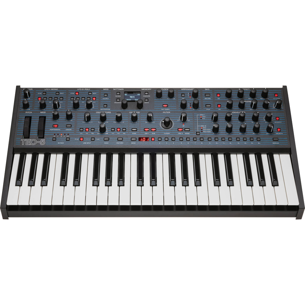 Oberheim TEO-5 synthesizer with keyboard, featuring vintage-style knobs and controls for classic Oberheim sound.
